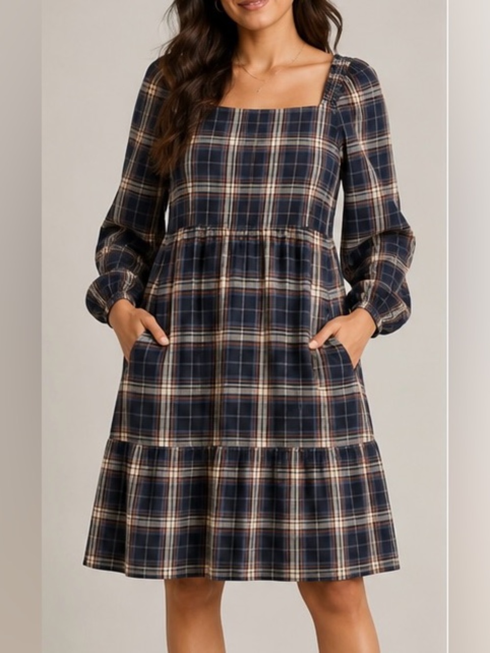Plaid Square-Neck Long Sleeve Dress